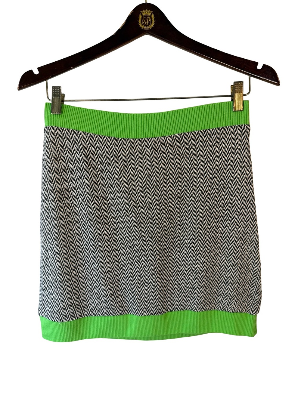 Zara Black & White Chevron Mini Skirt with Bright Green Trim Size M Y2K